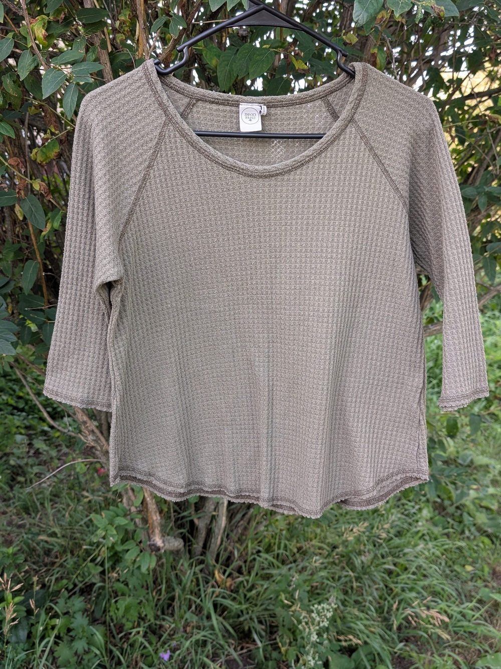 Paper Crane Women's Taupe Waffle Knit Scoop Neck Long Sleeve Top
